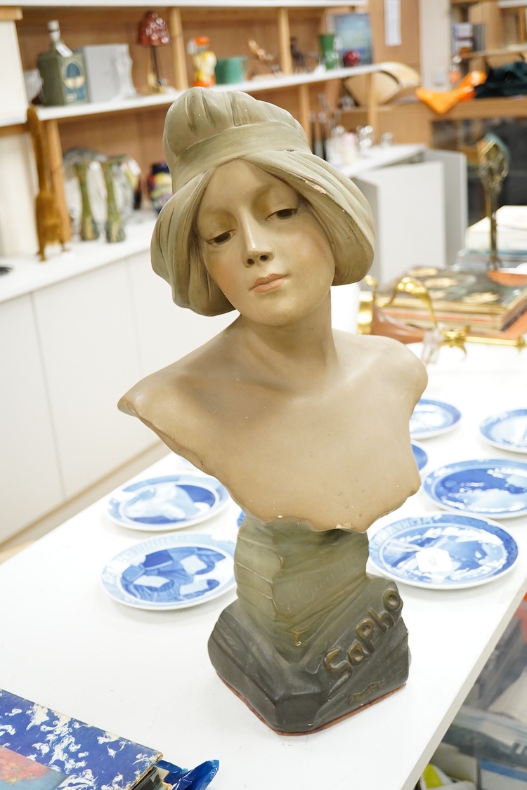 After Georges Trinque (1844-1930), a Art Nouveau terracotta ‘Sapho’ bust, 58cm high